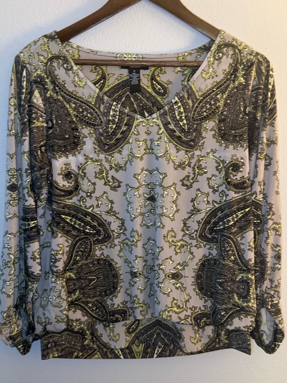 Alfani Paisley-Print Long Sleeve Blouse in Cream and Olive
